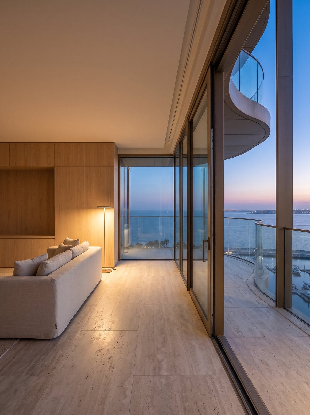 A one-bedroom living room at dusk with the sea beyond the glass
