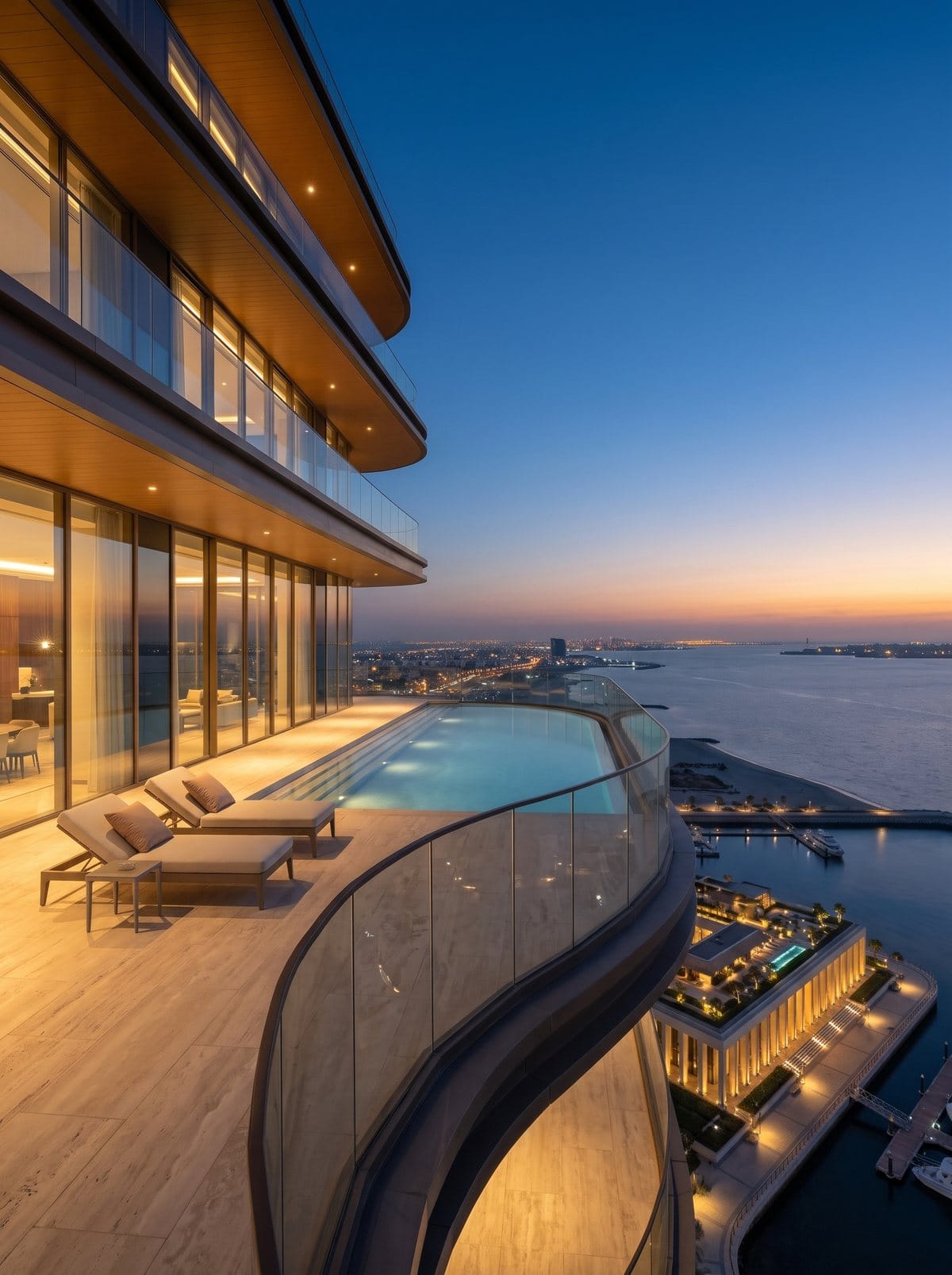 A penthouse roof terrace with a pool at the edge of the sky