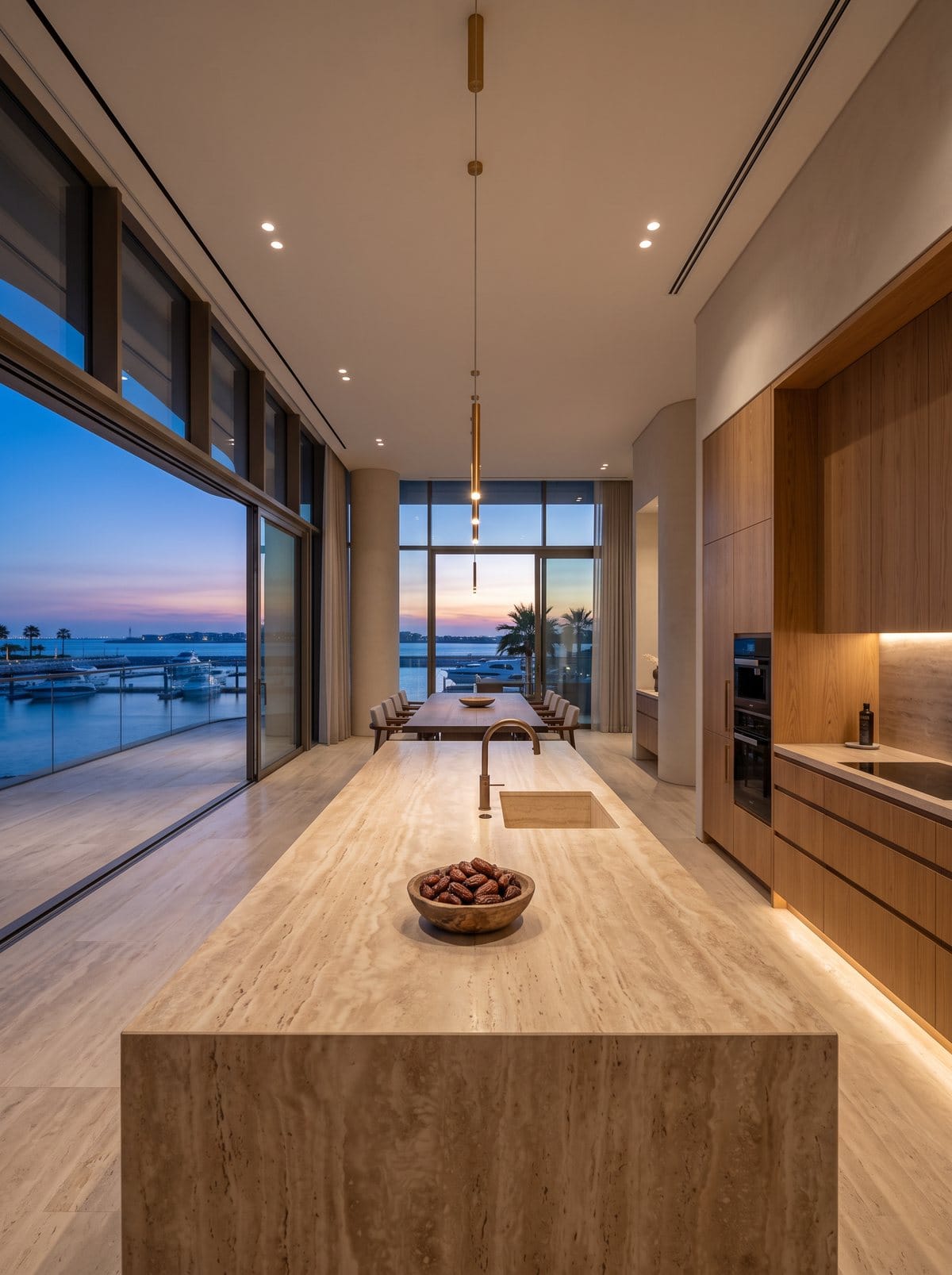 A travertine and oak kitchen opening onto a dining terrace