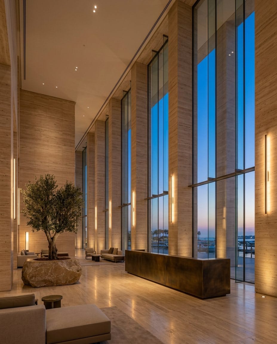 A double-height travertine lobby with the sea visible through the far glass