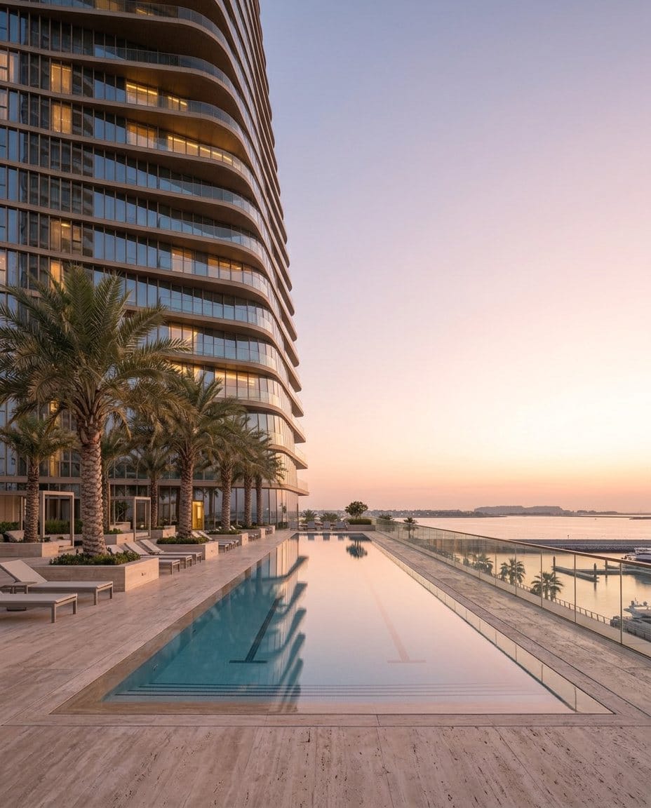 A twenty-five metre lap pool on the podium at sunrise