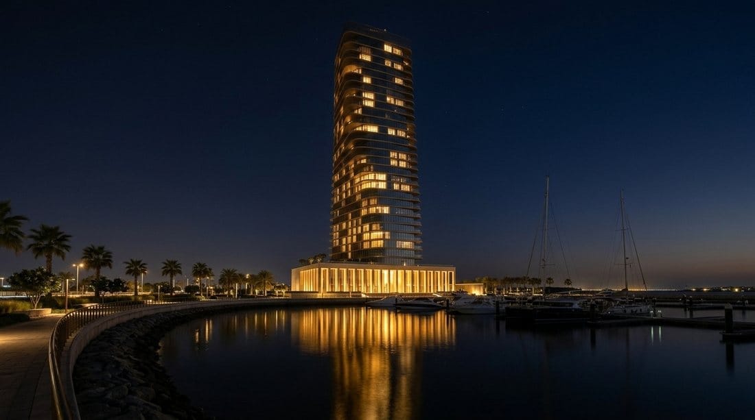 The tower at night, every floor lit, reflected in the water