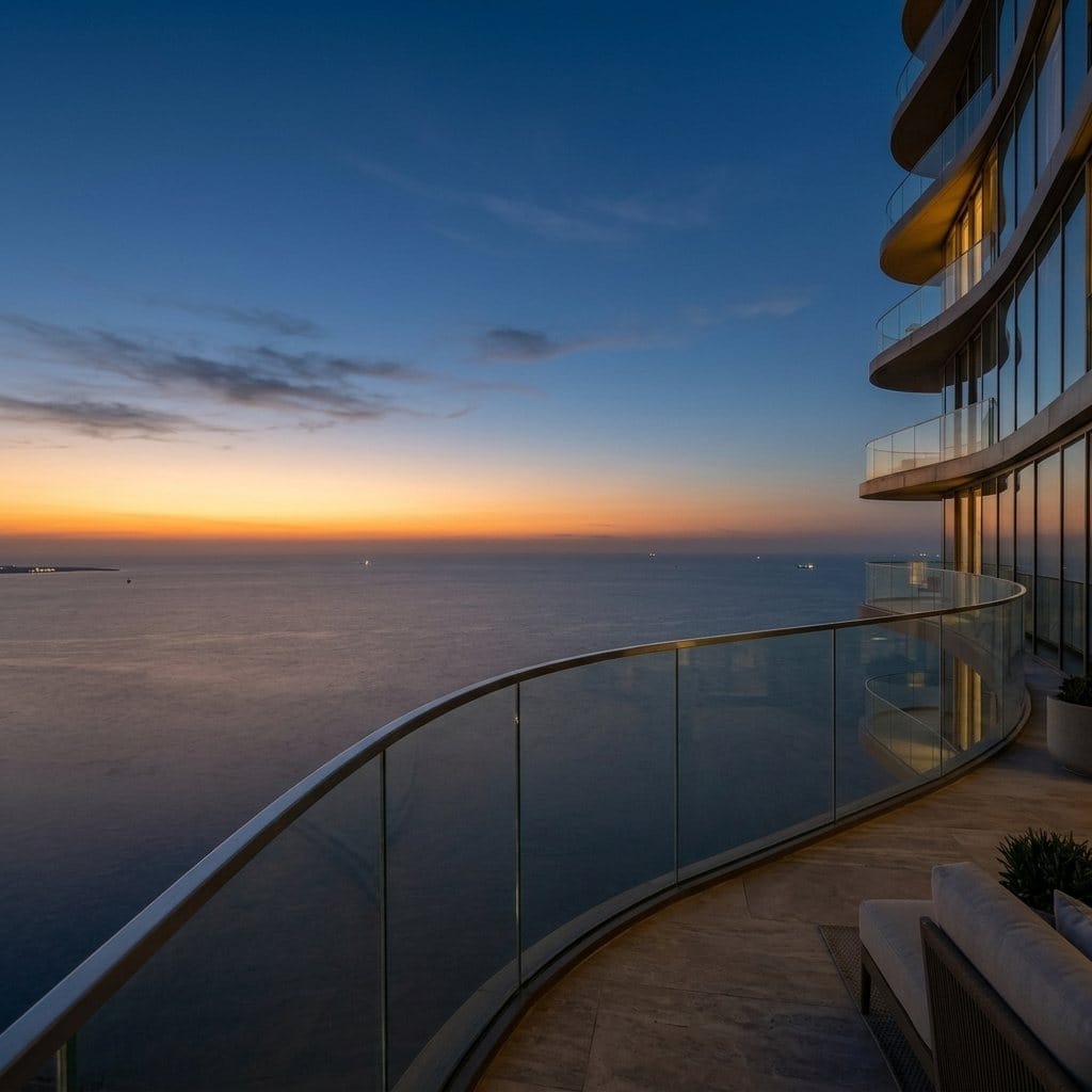 A terrace at dusk looking west over the open sea